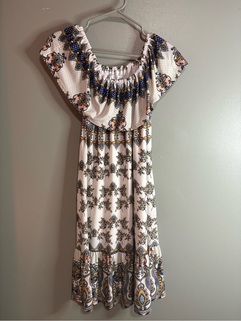 Fever Size Small Off-the-Shoulder Boho Midi Dress White Blue Paisley Floral